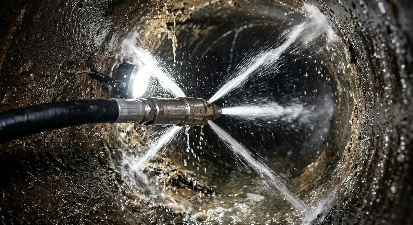 High-pressure hydro jetting nozzle cleaning sewer pipe for Sewer Cleanout in Oak Brook