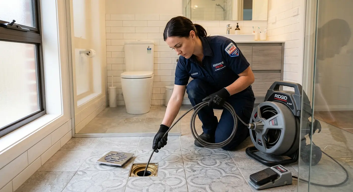 Technician clearing a bathroom floor drain for Hydro Jetting in Oak Brook